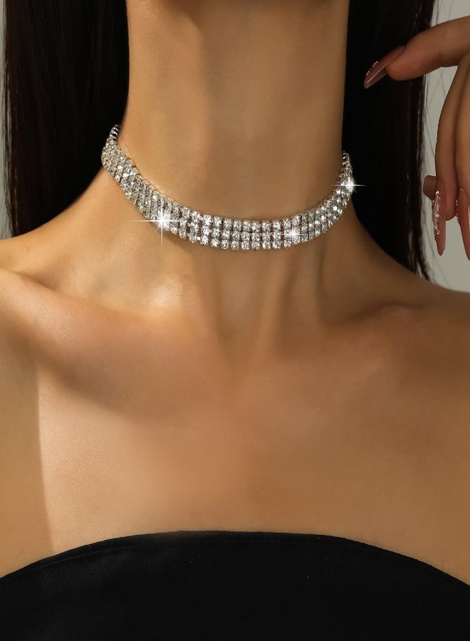 PINCHUAN Rhinestone Choker Necklaces for Women Silver Diamond Choker and Earring Prom Jewelry Set for Women Sliver choker Necklace Bridal Jewelry for Wedding Prom jewelry Gift-style B - Image 5